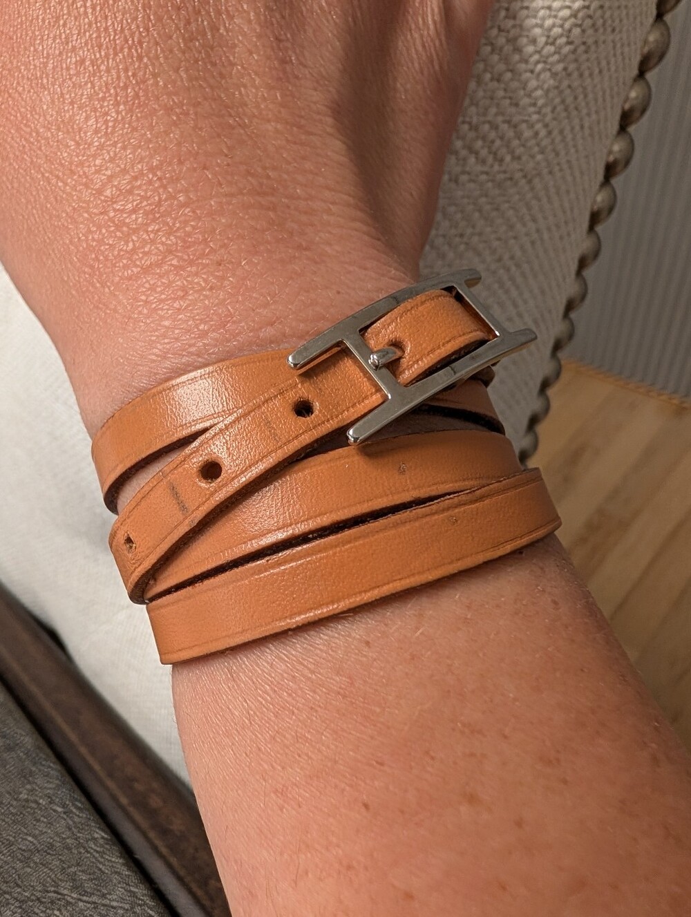 Hermes Hapi Quad Tour Leather Wrap Bracelet In Tan - Picture 3 of 12